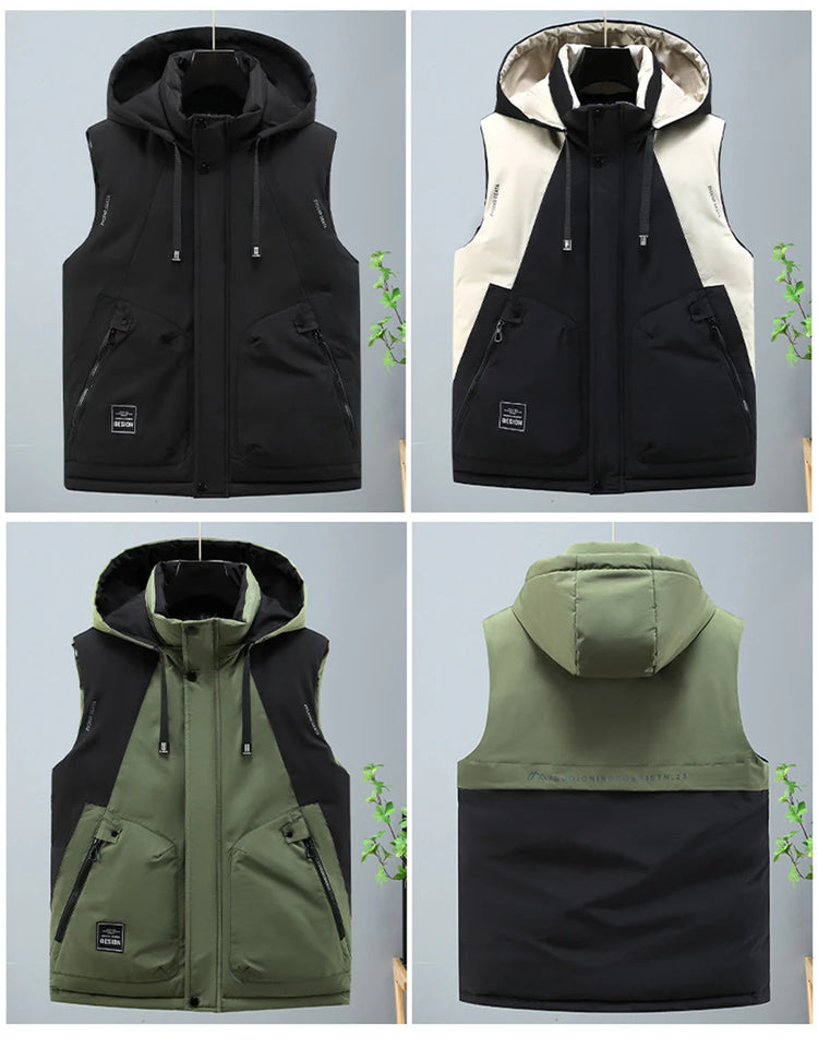 Autumn Winter Thick Vest Men Plus Size 8XL Cargo Vests Patchwork Sleeveless Jacket Fashion Casual Hooded Vest Male