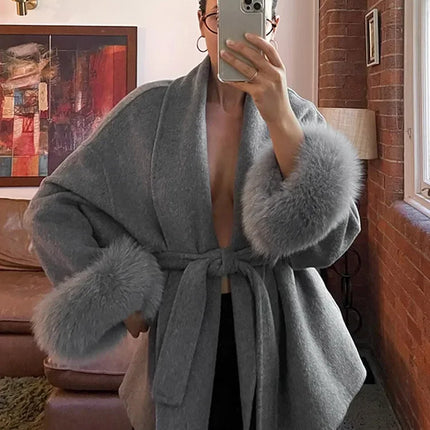 Solid Lace Up Faux Fur Sleeve Jacket Woman Elegant Mid-length V-neck Woolen Blend Coat Autumn Casual Fashion Scarf Outwear 2025