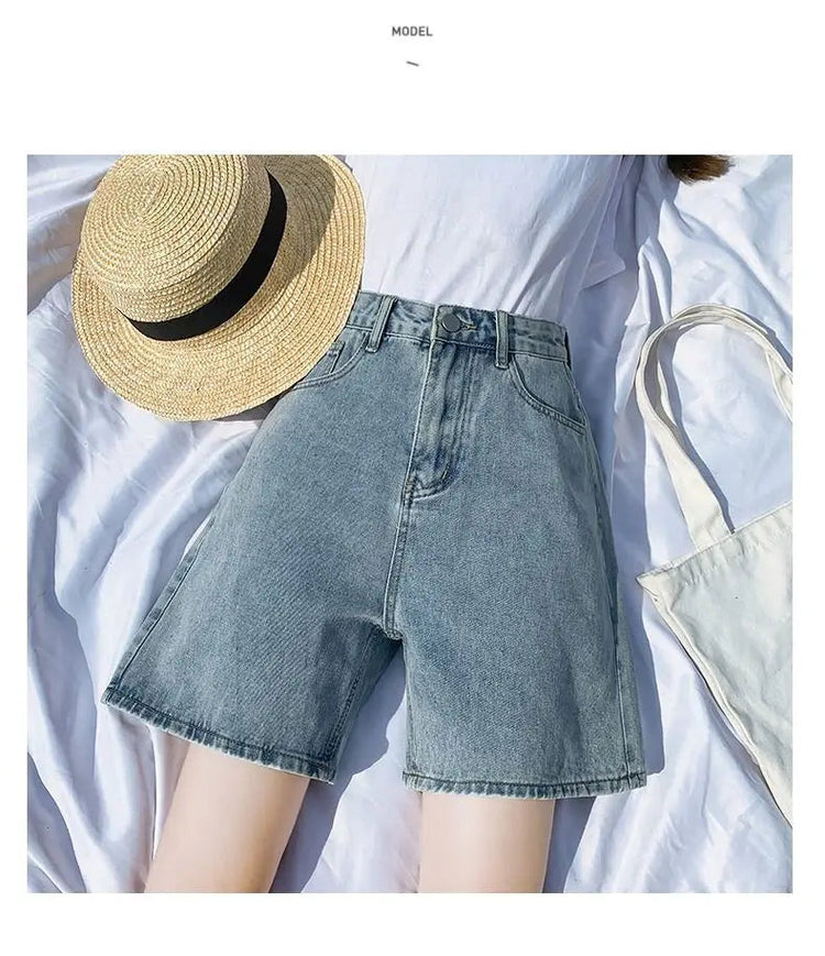 Ladies High Waist Wide Leg Denim Shorts Retro Blue A-Line Slim Fit Spring Summer Womens Casual Clothing 2026 PlatiNum
