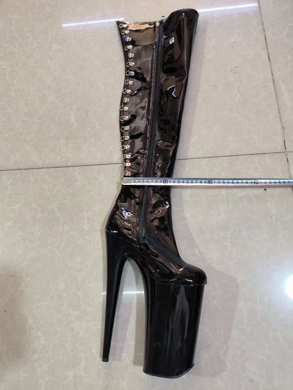 CACA 26cm Extreme High Heels Women Thigh High Boots,Fetish Platform Booties,Buckles Botas,Men Cosplay Shoes,Black,Red,Dropship