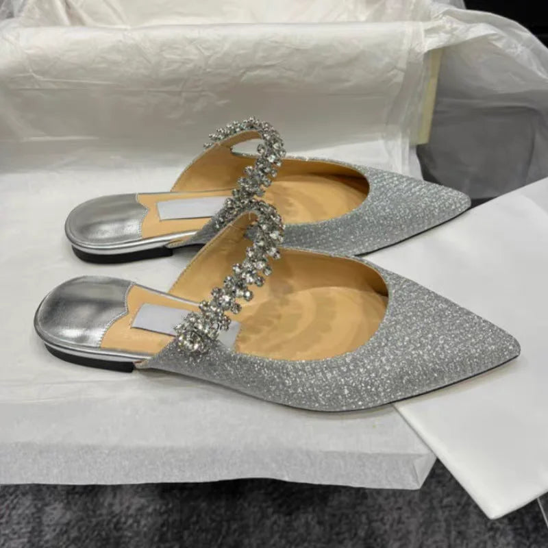 European and American Women Slippers 2025 Summer New Rhinestone High Heels Pointed Temperament Muller Shoes