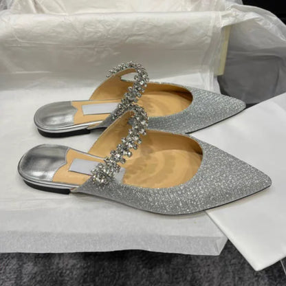 European and American Women Slippers 2025 Summer New Rhinestone High Heels Pointed Temperament Muller Shoes