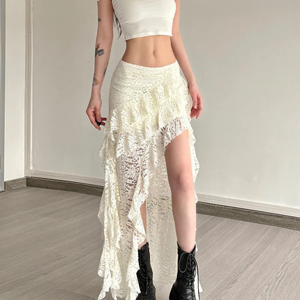 Nibber Nappe Gonne da donna Orlo irregolare Increspature multistrato Patchwork di pizzo Dolce tendenza estiva Pantaloni skinny versatili quotidiani