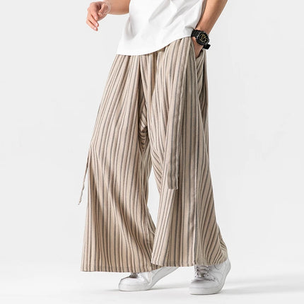 Pantaloni Larghi a Righe da Uomo in Cotone e Lino, Comodi e Traspiranti, Stile Retrò, Moda Casual, Pantaloni Jogger in Stile Nepal