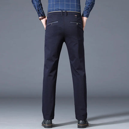 New Winter New Flannel Thick Men's Business Casual Pants Fleece Straight Slim Stretch Warm Plush Trousers Male Black Dark Blue