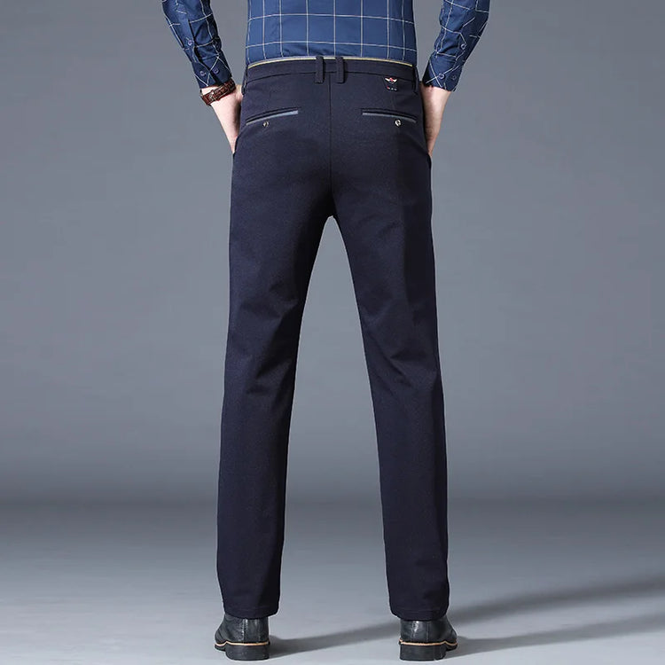 New Winter New Flannel Thick Men's Business Casual Pants Fleece Straight Slim Stretch Warm Plush Trousers Male Black Dark Blue