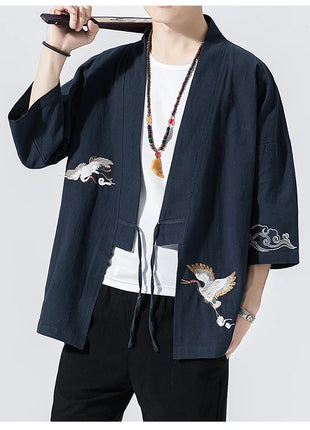 Camicie gru ricamate stile cinese retrò cotone lino Tang vestito Cardigan Mens tradizionale Kung Fu Tai Chi Casual Top camicette