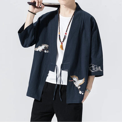 Camicie gru ricamate stile cinese retrò cotone lino Tang vestito Cardigan Mens tradizionale Kung Fu Tai Chi Casual Top camicette
