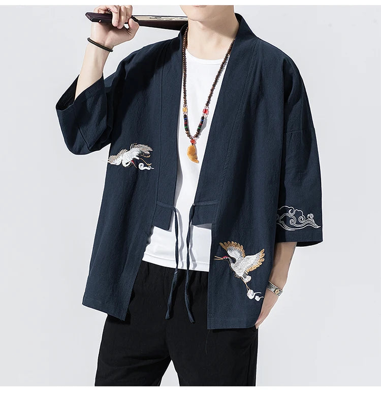 Camicie gru ricamate stile cinese retrò cotone lino Tang vestito Cardigan Mens tradizionale Kung Fu Tai Chi Casual Top camicette