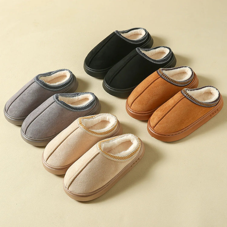Men's High-End New Solid Color Faux Suede Patchwork Couple's Home Slippers, Thick-Soled, Non-Slip, Lightweight, Warm Cotton Slippers for Women
