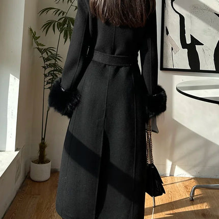 Autumn Winter Korean High-end Real Fox Fur Sleeves Women Black Slim Fit Waist Cinched Double-sided Wool Coat Long Woolen Coat