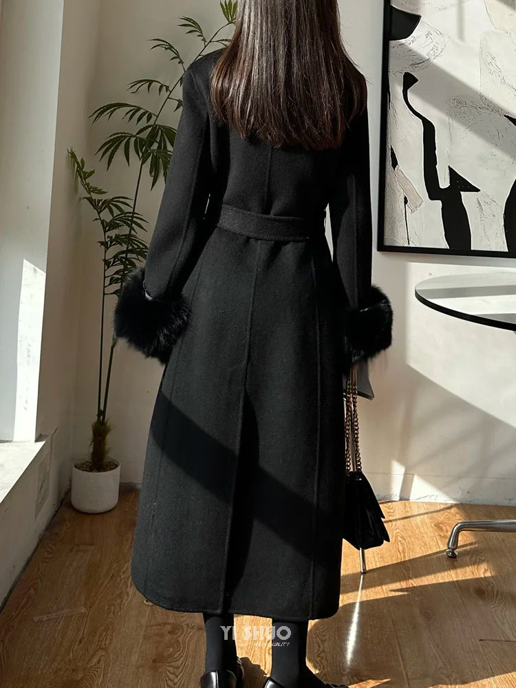 Autumn Winter Korean High-end Real Fox Fur Sleeves Women Black Slim Fit Waist Cinched Double-sided Wool Coat Long Woolen Coat