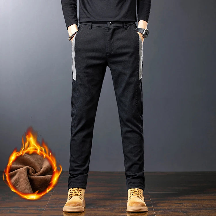 Winter New Men's Warm Slim Casual Pants Fleece Elasticity Embroidery Mid-waist Trousers Thicken Velvet Brand Straight Man Pants