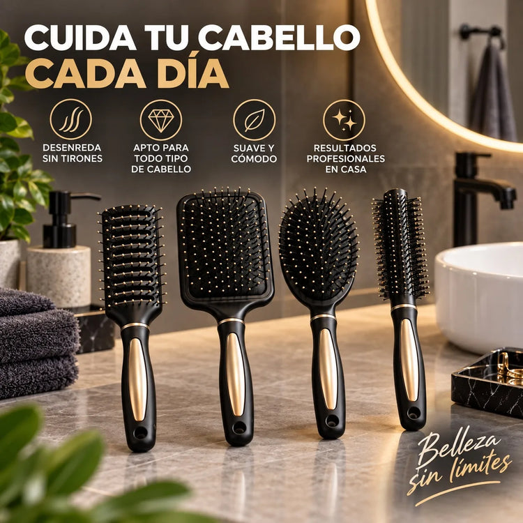 Set of 4 Professional Hair Brushes in Black and Gold, Hairdressing Kit with Paddle, Round, Oval and Ventilated Brushes for Detangling and Styling All Hair Types