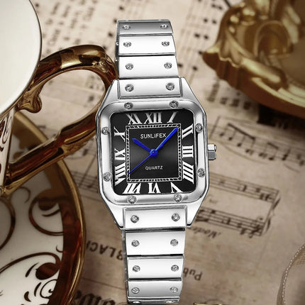 Orologi da donna quadrati Orologio da donna al quarzo Orologio da polso femminile Cinturino in bambù in acciaio inossidabile Orologio da donna casual Orologio Relogio Feminino platinumshop