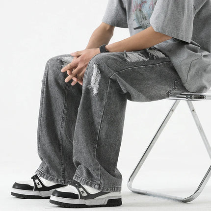Jeans strappati estivi da uomo Gamba dritta ampia Retro da uomo Disegna corda Porta Pantaloni casual tutto-fiammifero di marca di moda
