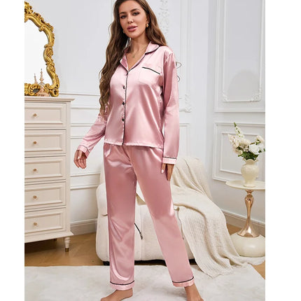 Pijama de mujer Conjunto de noche Conjunto de pijama de 2 piezas Pijama de satén de manga larga con pantalones Ropa de dormir para mujer