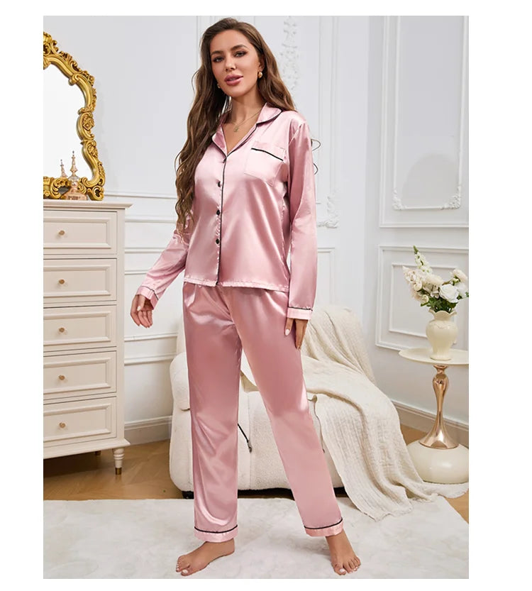 Pigiama da donna Completo da notte Completo da pigiama Pj Set Top a maniche lunghe in raso con pantaloni Pigiama da 2 pezzi Pigiama da donna