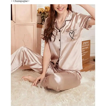 Lussuoso pigiama in raso per donna 2 pezzi pigiama Set tasca cuore ricama pigiameria autunno manica lunga top e pantaloni pigiama femminile platinumshop