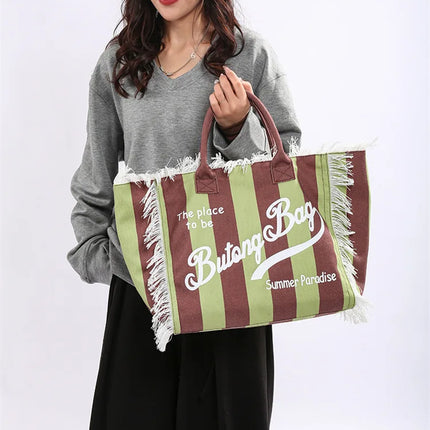 Borsa tote a righe da donna con colori contrastanti Borsa a tracolla con lettere alla moda Borsa da pendolarismo per ascelle di grande capacità
