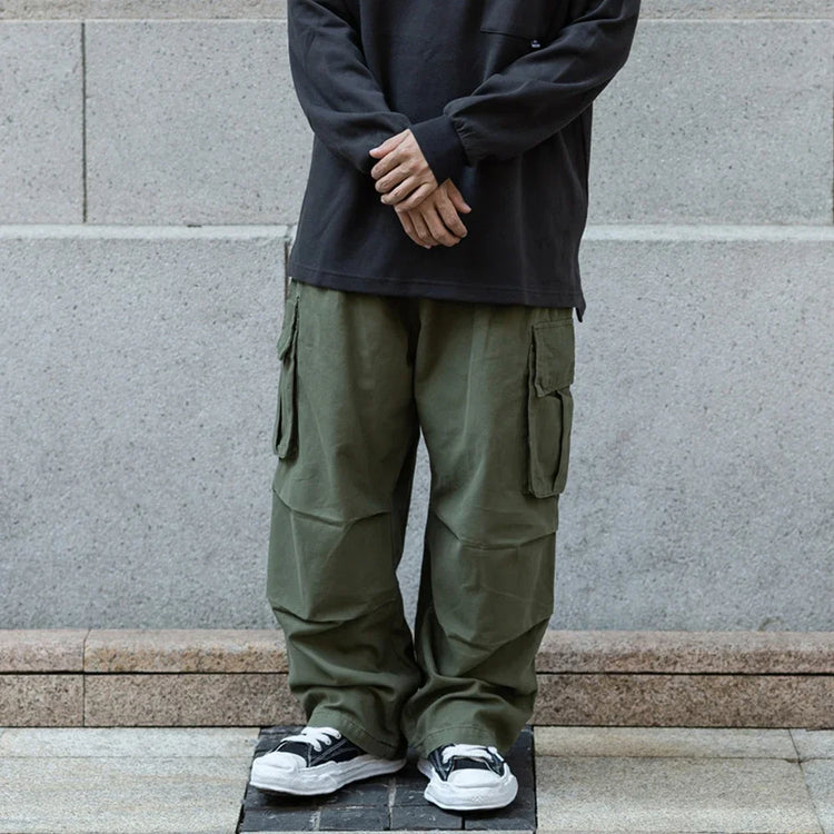 Multi-Pocket Cargo Pants Mens Safari Style Solid Color Pleated Loose Straight-leg Pants Elastic Waist Casual Trousers Men