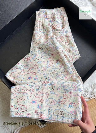 American ins graffiti jeans a fiori stampati completi da donna primavera ed estate nuovo design alla moda pantaloni larghi a vita alta