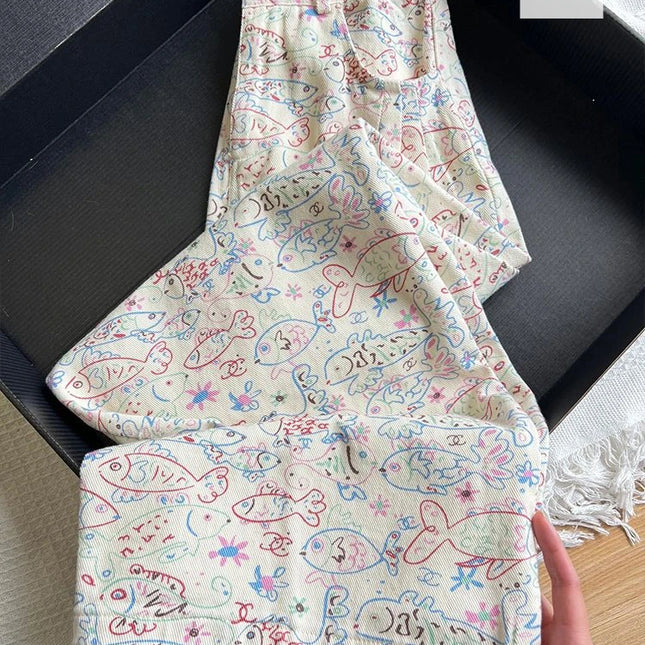 American ins graffiti jeans a fiori stampati completi da donna primavera ed estate nuovo design alla moda pantaloni larghi a vita alta