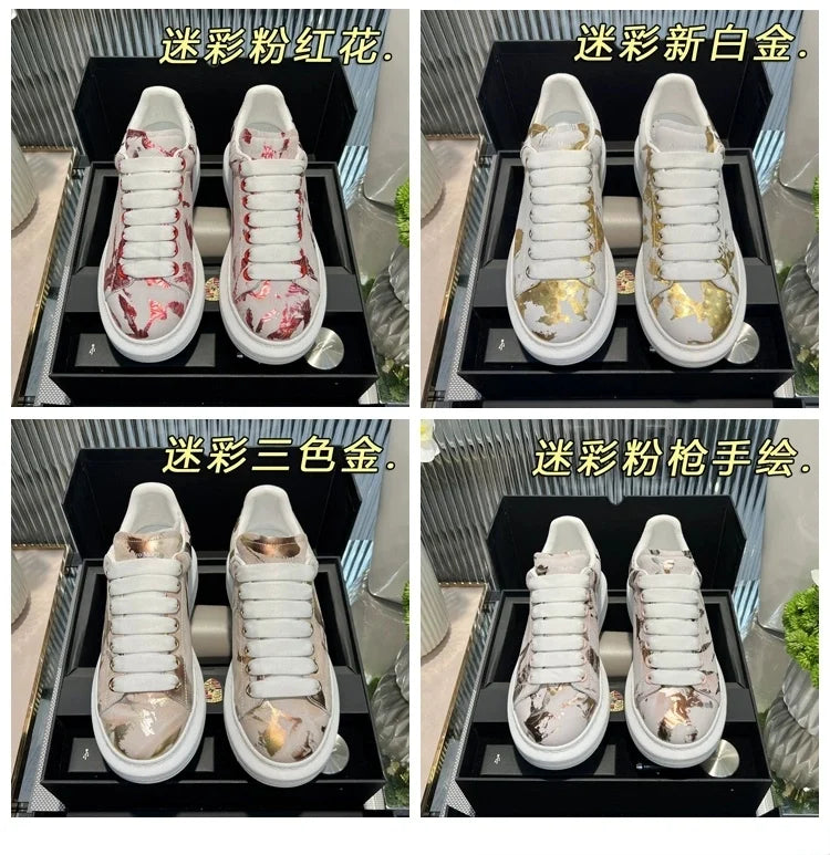 American European Fashion Casual Shoes Unisex White Platform Sneakers Man Sport Shoes In Printing Leather Women Heighten Loafers