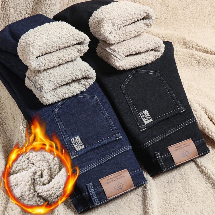 Winter Lamb Wool Jeans Men's Fleece Thickened Business Casual Straight Pants Hot Warm Work Pants Brand Men's Clothing