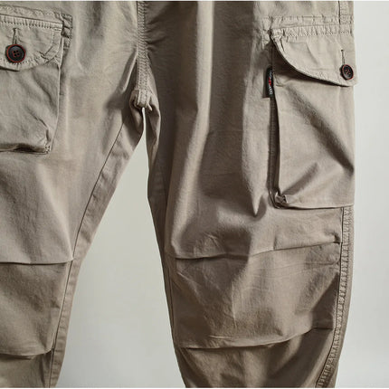 Men Elastic Drawstring Waist Jogger Cargo Pants Multi Button Pockets Vintage Washed Tapered Ankle Cuff Casual Street Trousers