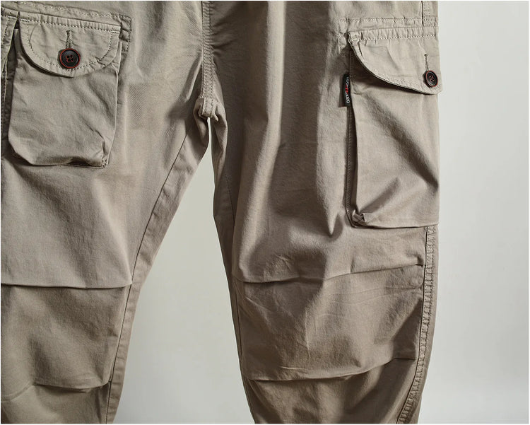 Men Elastic Drawstring Waist Jogger Cargo Pants Multi Button Pockets Vintage Washed Tapered Ankle Cuff Casual Street Trousers