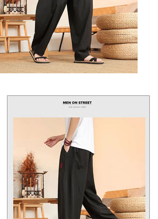 Pantaloni neri da uomo estivi leggeri e larghi in stile retrò giapponese, pantaloni harem casual traspiranti e comodi con elastico in vita