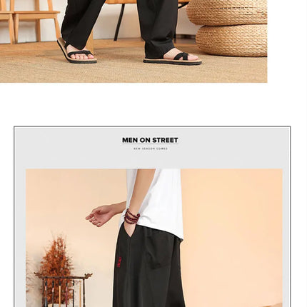 Pantaloni neri da uomo estivi leggeri e larghi in stile retrò giapponese, pantaloni harem casual traspiranti e comodi con elastico in vita