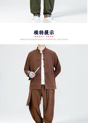 2026 Uomini di Stile Cinese Retro Tang Vestito Da Uomo di Velluto A Coste Patchwork Set Stampato Int
