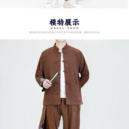 2026 Uomini di Stile Cinese Retro Tang Vestito Da Uomo di Velluto A Coste Patchwork Set Stampato Intrattenimento Musiche E Canzoni Mens Vintage Stampa Set Maschile Casual Kung Fu Vestito