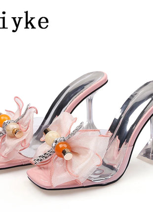 Liyke 2026 Nouvelle Mode 9CM Pantoufles à Talon Transparent Fil Net Rose Nœud Papillon Sandales d'Été Chaussures Transparentes pour Femmes Claquettes Présentations des entreprises productrices de jeux