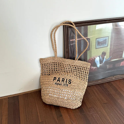 Hylhexyr Women's Letter Embroidered Shoulder Bag Woven Straw Bag Large Capacity Empty Holiday Beach Bags