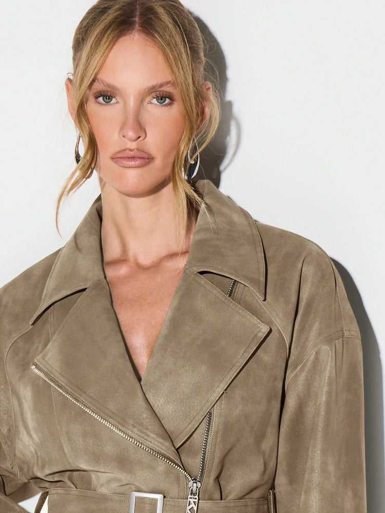 Belt Zipper Top with Waist Cinching American and European Style Streetwear Notched Lapel Thick No Hood Women Autumn Jacket