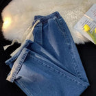 Loose Fit Men's Elastic Waist Jeans with Rope 9-Tenths Straight Leg Korean Style Trendy Versatile Large Size Nine-Piece Pants PlatiNum