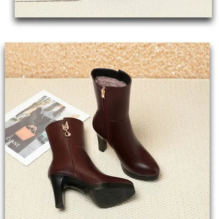 Women's Mid-calf Boots Temperament Pointed High Heeled Boots High Quality Casual Leather Boots for Women Plush Warm Winter Boot
