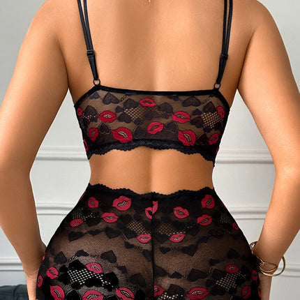 Women Sexy Lip Print Lingerie Set Hollow-out Lace Unlined Camisole Bra Thin Cup Wireless Sexy Bras and Sheer Panties