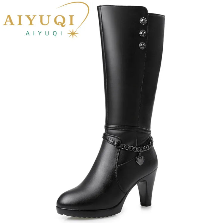 AIYUQI Female Winter Shoes Woman Boots High-Heeled Genuine Leather Motorcycle Boots Thick Wool Warm Winter Boots Riding Boot