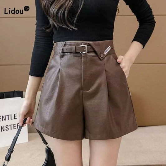 Women's Clothing Fashion All-match Pockets Patchwork Leather Shorts Autumn Winter Trend Korean New Solid Color High Waist Pants