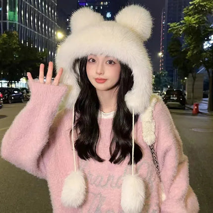 Winter  New Women's Plush Cute Bear Ear Hat ,Thicken and Warm Ear Protection Wind and Snow Hat  Plush Little Bear Lei Feng Hat