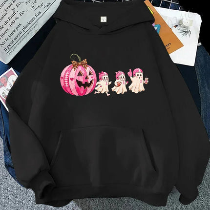 Pink Pumpkin Ghost Graphic Hoodies Breast Cancer in October We Wear Pink Halloween Pullover Men Women Hoodies Sweatshirts Gifts