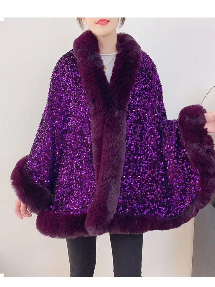 ZADORIN Fashion Sequins Long Furry Warm Faux Fur Coat Woman Autumn Winter Fur Cape Ponch Wedding Party Fur Shawl Cloak Cardigans