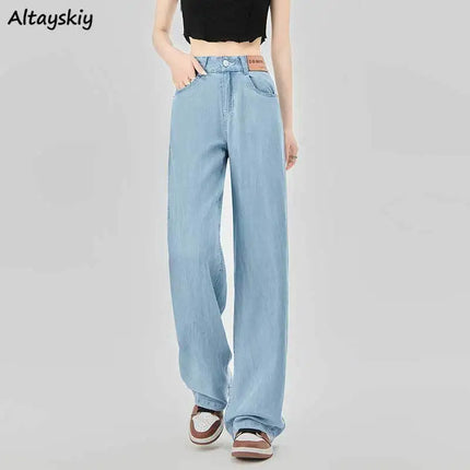 Jeans estivi donna seta ghiaccio vita alta blu sciolto moda coreana semplice tempo libero tutto-fiammifero quotidiano gamba larga elegante Trendy Chic