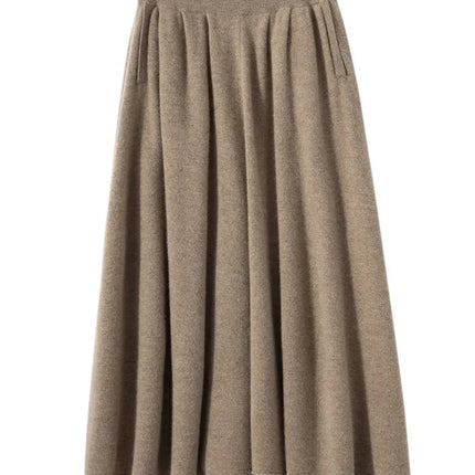 Classic Autumn Winter Wave Skirt 100% Cashmere Skirt Women A-Line Skirt Female Double Elastic Waist Pocket Warm Knit Long Dress PlatiNum