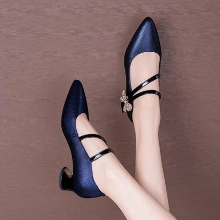 FHC Tacchi medi in pelle poco profonde, Scarpe da lavoro da donna da ufficio, Décolleté da donna, Papillon con strass, Punta a punta Vogue, Blu, Nero, Dropship