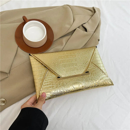 Fashion Crocodile Pattern Envelope Clutch Women's Handbags For Gifts, Designer Casual Ladies Purses Phone Pocket PlatiNum